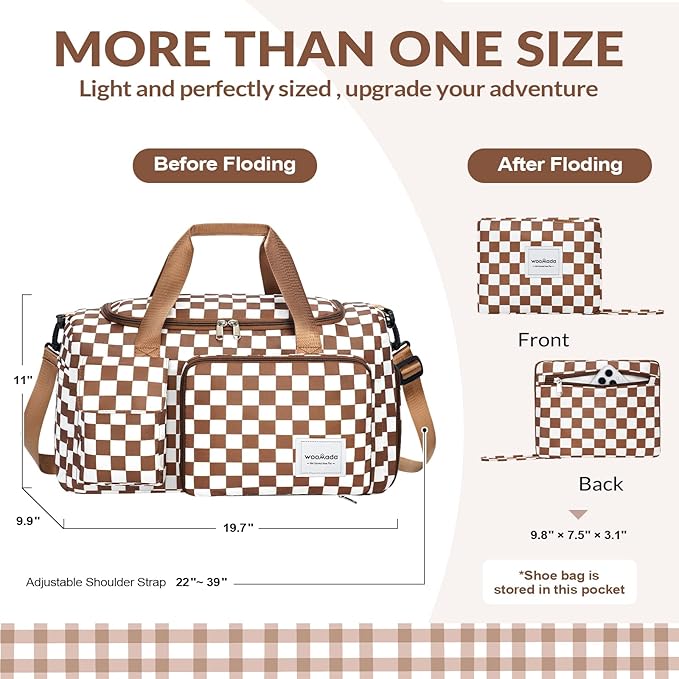 WOOMADA Foldable Travel Duffel Bag for Women, Weekender Bags with Shoes Compartment,Overnight Bag with Wet Pocket & Trolley Sleeve(brown checkerboard)