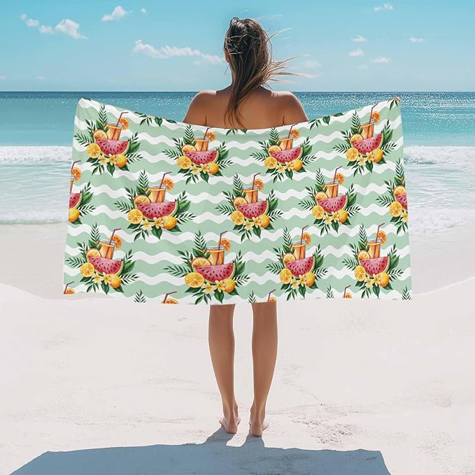 Summer Lemon Watermelon Beach Towel 30" x 60" Tropical Plants Quick Dry Sand Free Pool Towels Green Waves Stripes Soft & Absorbent Compact Towels Beach Accessories for Travel Bathroom Swimming Pool