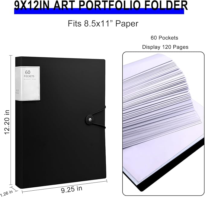 Presentation Binder with Clear Plastic Sleeves, Folder for Artwork, 60 Pockets Display 120 Pages of 8.5 X 11 or A4 Size Documents, Black