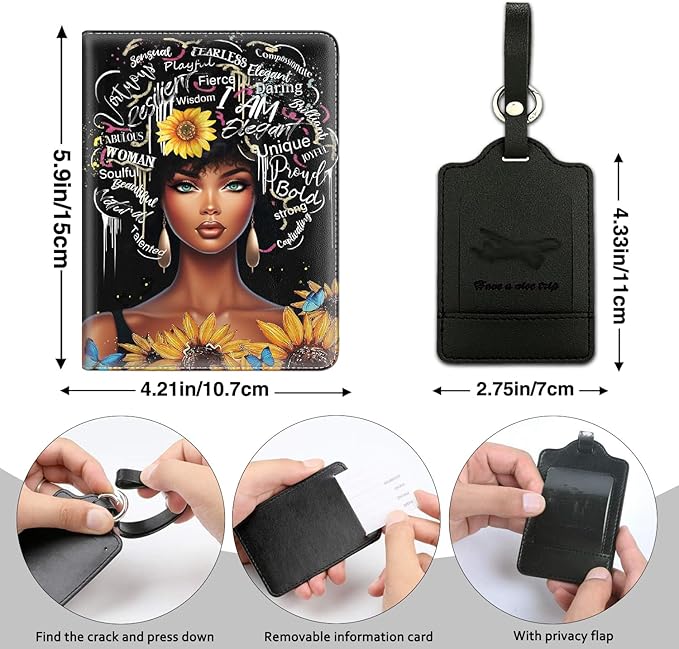 Passport Holder Women Wallet with Luggage Tag, Leather Passport Cover with RFID Blocking, Travel Accessories Multi Card Slot Passport Case for Men，I AM Courageous Black Girl