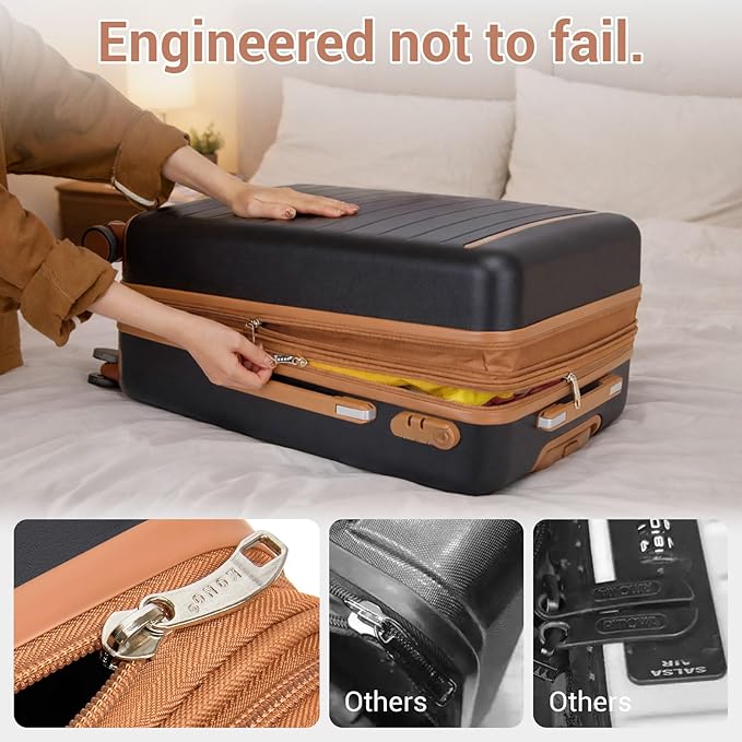 Kono 24 Inch Check In Suitcase Expandable Luggage, Business Travel Suitcase for 5-7 Days, Durable ABS+PC Hardshell with Side Handles & Kick Plates, Double Spinner Silent Wheels, Black/Brown