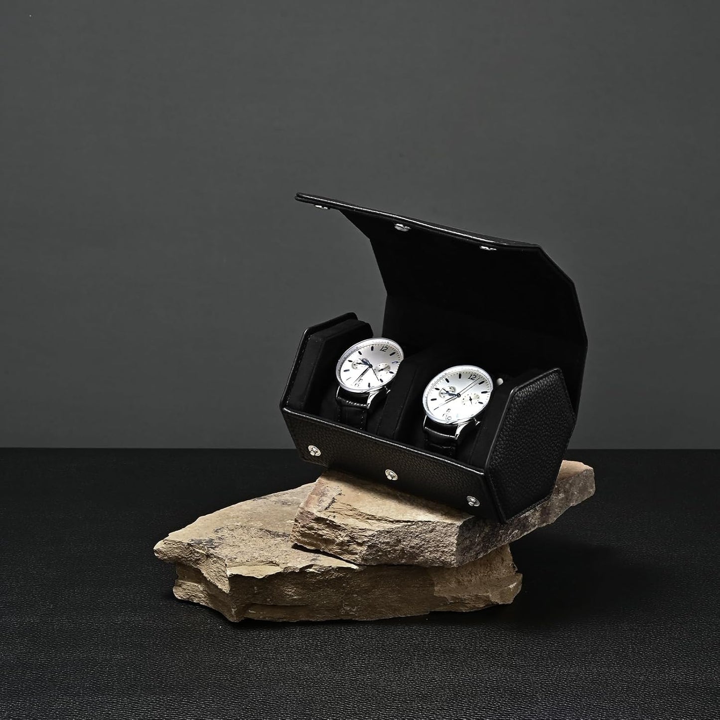 Oirlv Luxury Hexagonal Leather Watch Travel Case Watch Organizer Case for Men Portable Jewelry Storage Roll Organizer(2-Slot,Black)