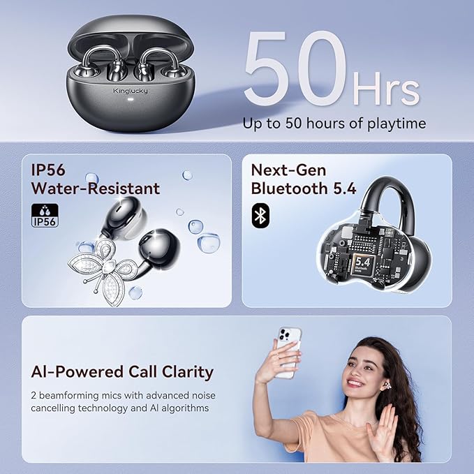 Kinglucky Jewelry-Inspired Clip-On Earbuds with Butterfly Earrings, Comfortable Fit & 50H Playtime Open Ear Bluetooth 5.4 Wireless Headphones for Women, Small Ears, Sports & Workouts (Black)