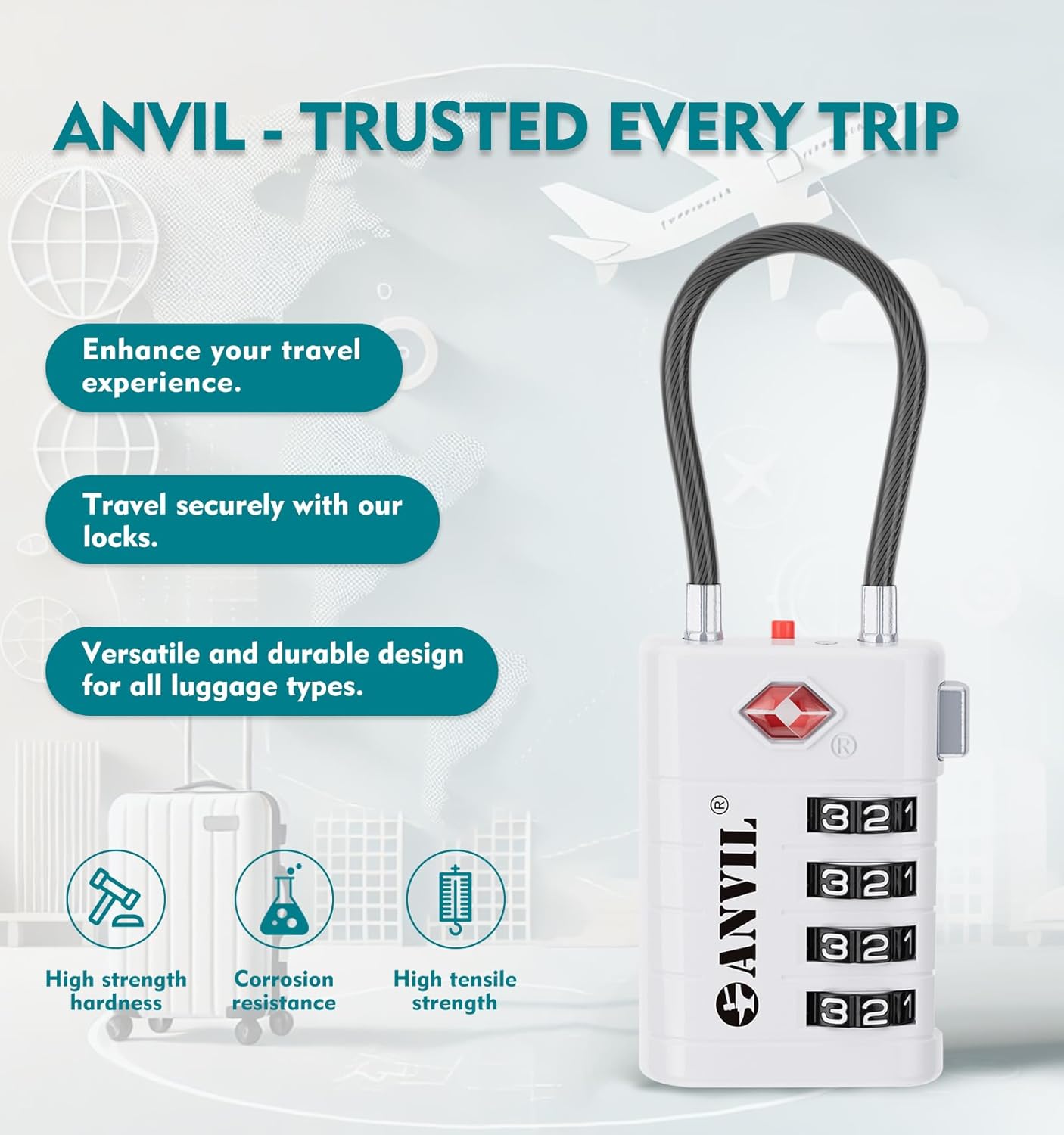 ANVIL 4 Digit Luggage Locks, TSA Locks for Luggage, Advanced TSA008 core, Alert Indicator for Your Travel Lock, Suitcase Lock. (3, White)