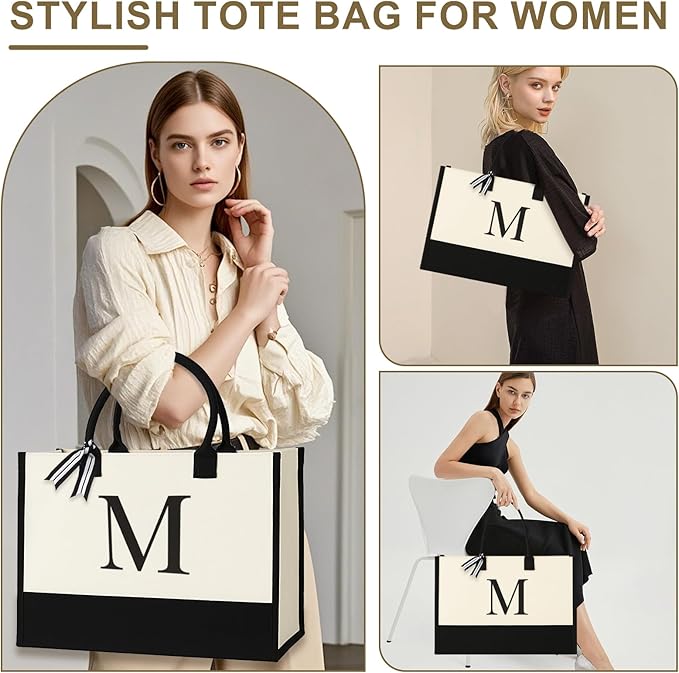 Personalized Canvas Tote Bag for Women Makeup Pouch Initial Beach Bag Removable Bottom Board for Travel Birthday