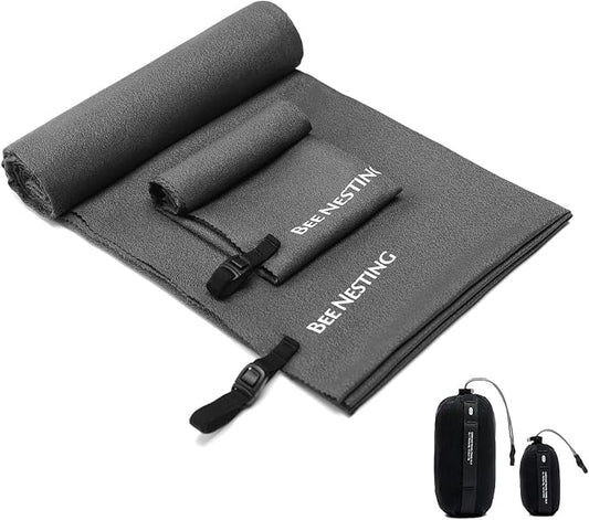 Bee Nesting Ultralight Quick Dry Towel, Extra Large&Small 2 Pack Microfiber Towels with Compact Packable Pocket for Lightweight Backpacking Travel Beach Gym Camping & Swimming Sports(Grey 2 Set)