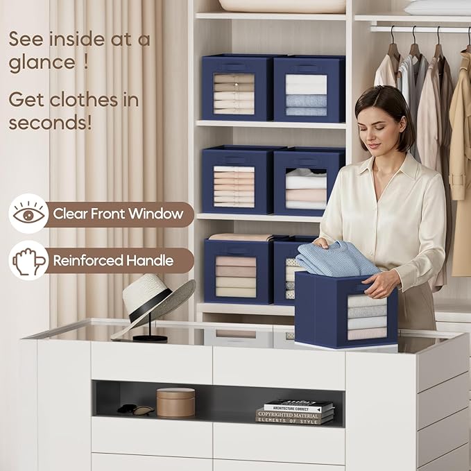 Storage Cube 11 Inch - Cube Storage Bins with Window, Closet Storage Baskets with Handle, Fabric Bins for Closet, Shelves, Toys, Clothes, Set of 6, Navy Blue