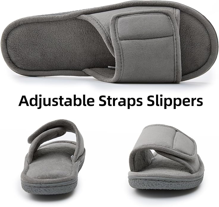 WALKFUN Men's Open Toe Slippers Adjustable Slip-on Memory Foam Indoor Slippers for Men Non Slip Outsole