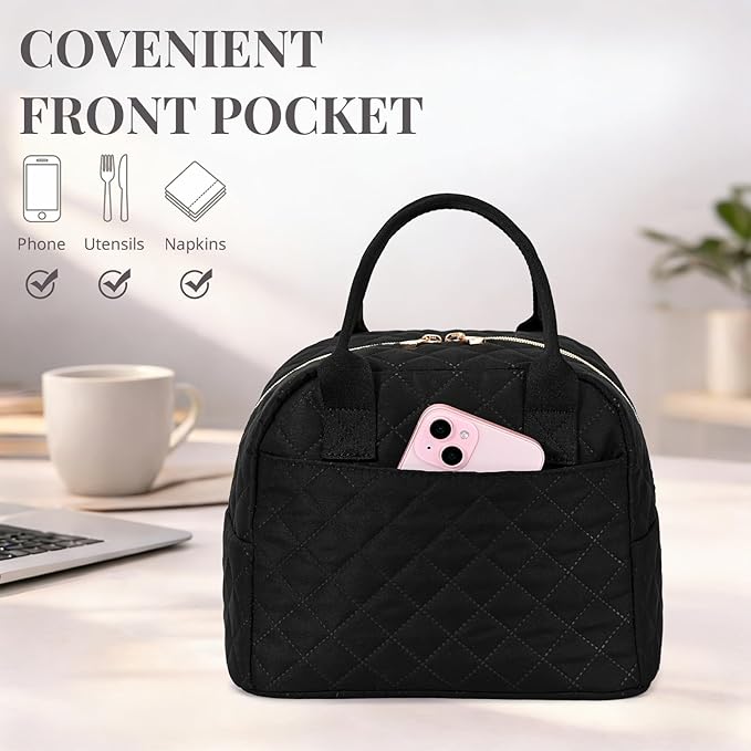 Lunch Bag for Women, Insulated Lunch Box, Reusable Water-Resistant Lunchbox Cooler with Front Pocket, Large Capacity Lunch Tote Bag for Work, Travel, Picnic