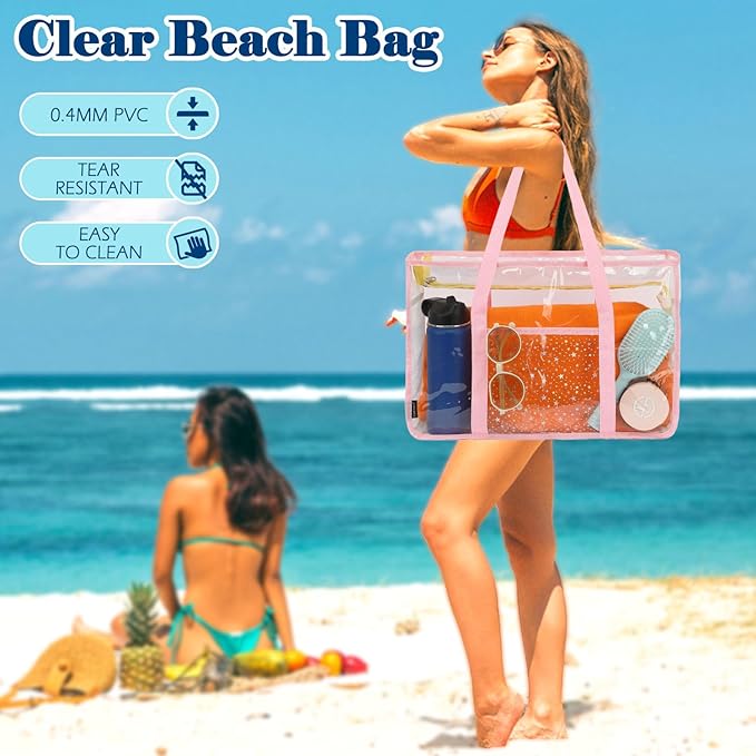 Clear Beach Bag for Women, Large Pool Tote Cruise Vacation Essentials - Zipper Closure, Waterproof, Sandproof