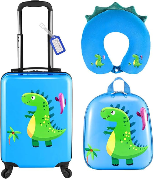 Sanwuta 4 Pcs Kids Luggage Set Rolling Suitcase Backpack U-shaped Pillow Kids Carry On Gift for Summer Travel Family Trip(17 Inch,Dinosaur Style,Blue)