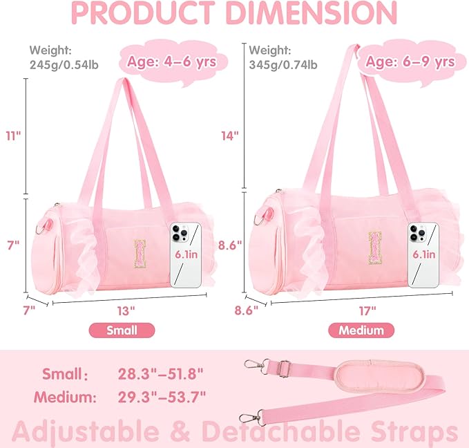 Personalized Initial Dance Bag for Girls 4-6, Small Lace Gym Sport Yoga Cheer Dance Bags Gift for Teen Girls, Cute Letter Kids Ballet Bag Toddler Travel Duffel Tote with Adjustable Straps(Pink-I)