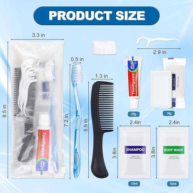 100 Sets Personal Hygiene Kit Basic Toiletry Kits Homeless Supplies Bulk for Travel,Include 100 Toothbrush, 100 Toothpaste, 100 Comb, 100 Bath Soap, 100 Shampoo,100 BodyWash, 500Floss Picks