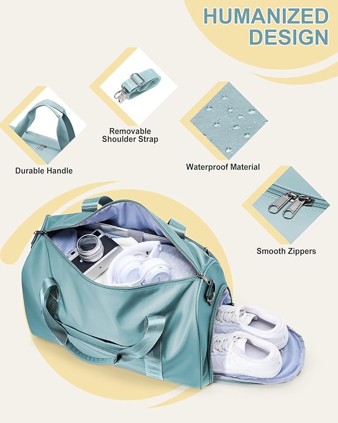Travel Duffel Bags for Women & Men - Weekender with Shoe & Laptop Compartments - Carry On, Overnight, Gym & Hospital Bag - Light Blue