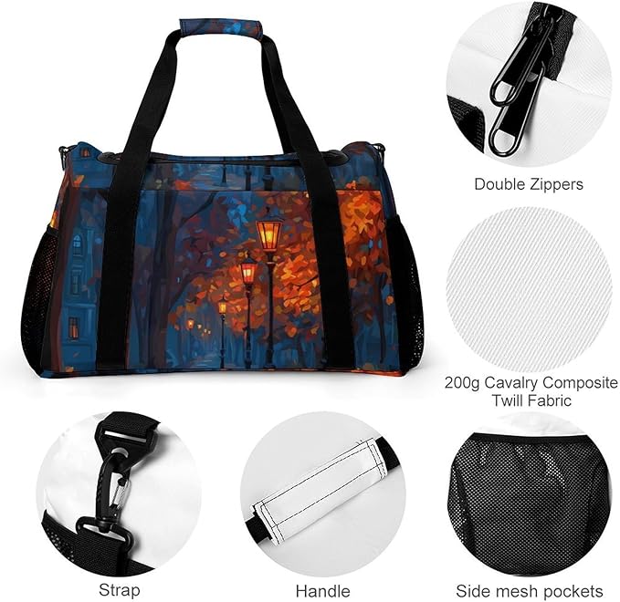Autumn Path with Streetlights Duffle Bag Gym Bag for Workout Travel Tote with Detachable Straps