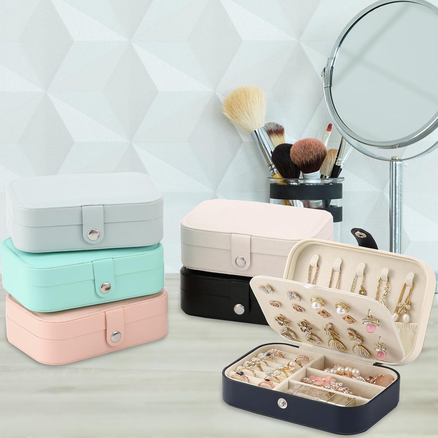 Travel Jewelry Box, PU leather Small Jewelry Organizer For Female Girls, double layer portable mini travel case for storing earrings, rings, necklaces.(dark blue)