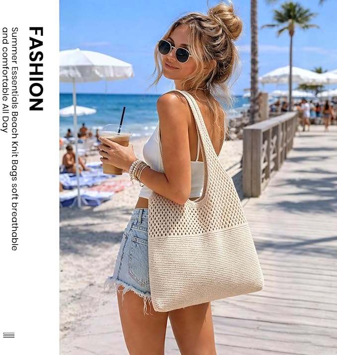 SUOSDEY Crochet Mesh Beach Tote Bag, Knit Summer Vacation Aesthetic Boho Tote Bag for Women