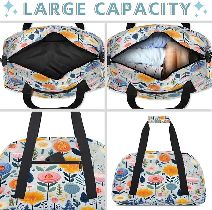 Duffle Bag for Women Men, Pastel Colorful Floral Gym Bag for Travel Sports, Lightweight Waterproof Weekender Overnight Bags with Adjustable Strap