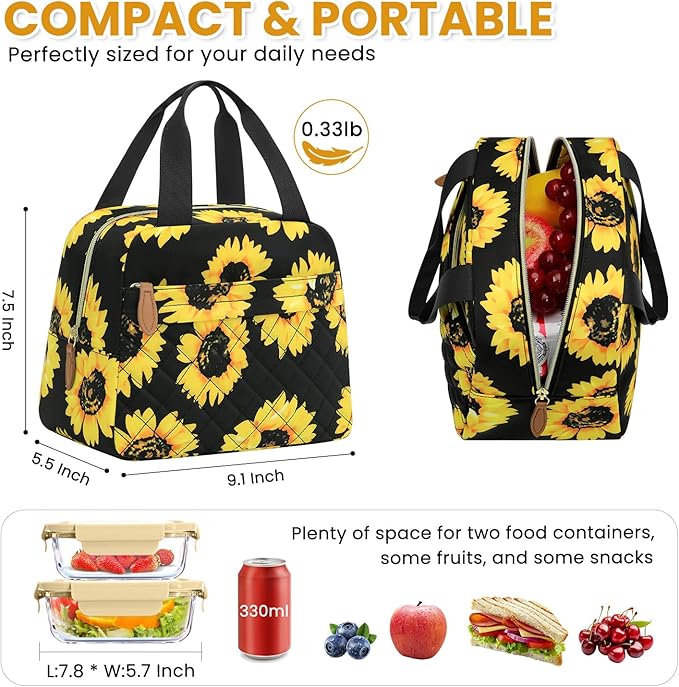 Insulated Lunch Bag for Women, Portable Lightweight Lunch Box for Adults, Reusable Small Lunch Tote Cooler Bags with Front Zipper Pocket for Work School Picnic(Sunflower)