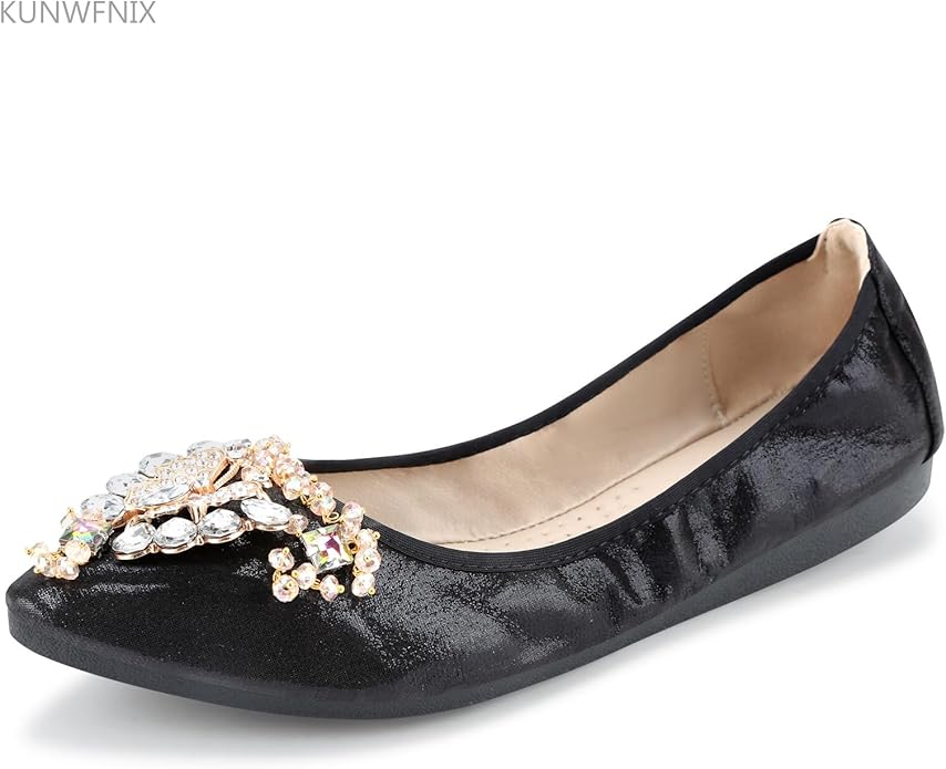 KUNWFNIX Women Ballet Flats Rhinestone Wedding Ballerina Shoes Foldable Sparkly Comfort Slip on Flat Shoes