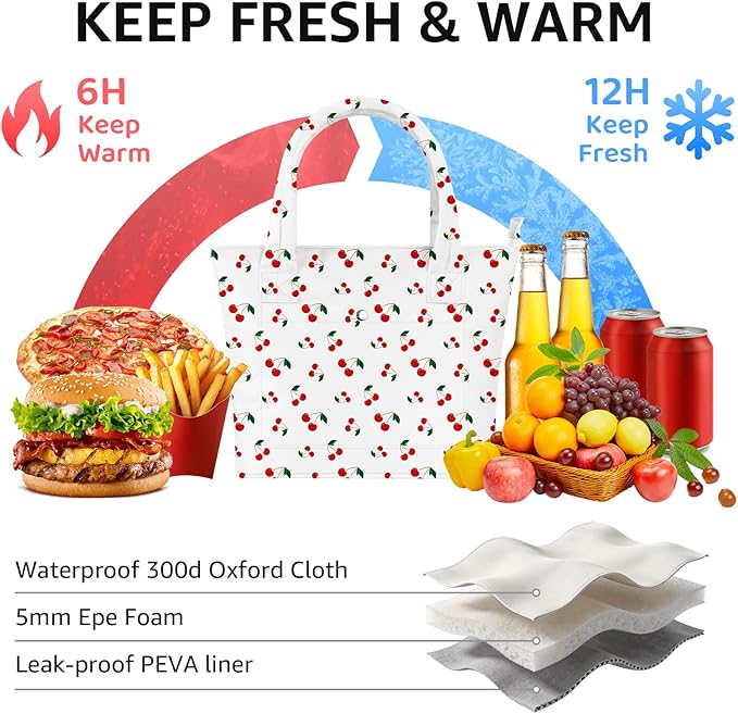 Tote Lunch Bag Women Stylish Quilted Lunch Boxes for Adult Fit and Fresh Cooler Insulated Lunchbox for Work Large 10 Liters Cute Compact Lunchbag Waterproof Cherry