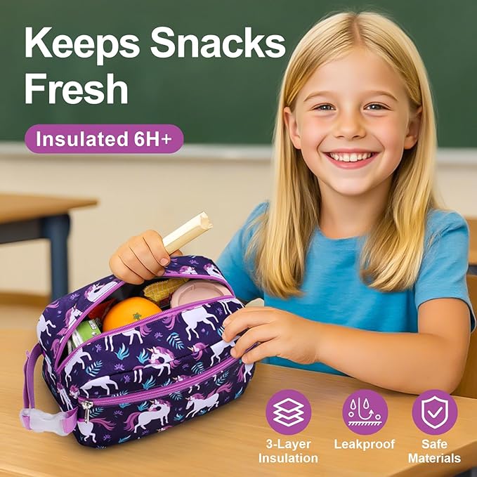 Bagseri Kids Snack Bag Girls - Small Reusable Mini Cooler Pouch, Insulated 3.9L Food Carrier with Buckle Handle for School and Daycare, Fits in Backpack, Deep Purple Unicorn
