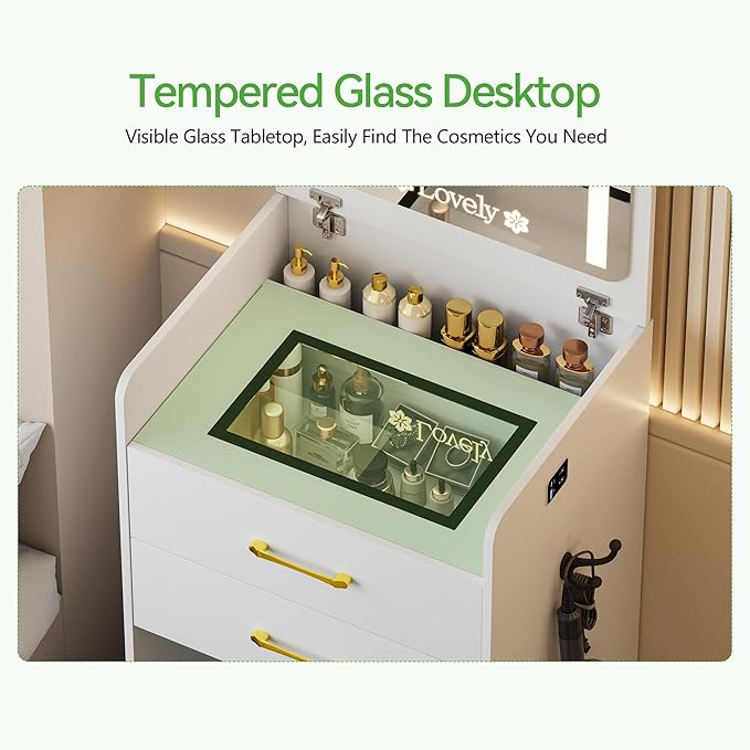 HNEBC 3 in 1 Vanity Desk with Plip Top LED Mirror,Small Dressing Table Set with Visible Glass Desktop,Compact Vanity with 3 Drawers,Storage Compartment and Padded Stool,for Bedroom(White)