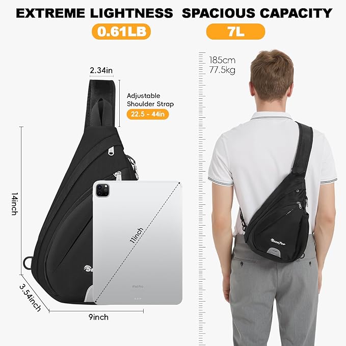 Seektop Crossbody Bag Anti-Theft RFID Blocking Waterproof 400D Nylon Lightweight Small Sling Backpack Shoulder Bags Chest Pack for Travel Hiking Outdoor Commuting Men Women Black