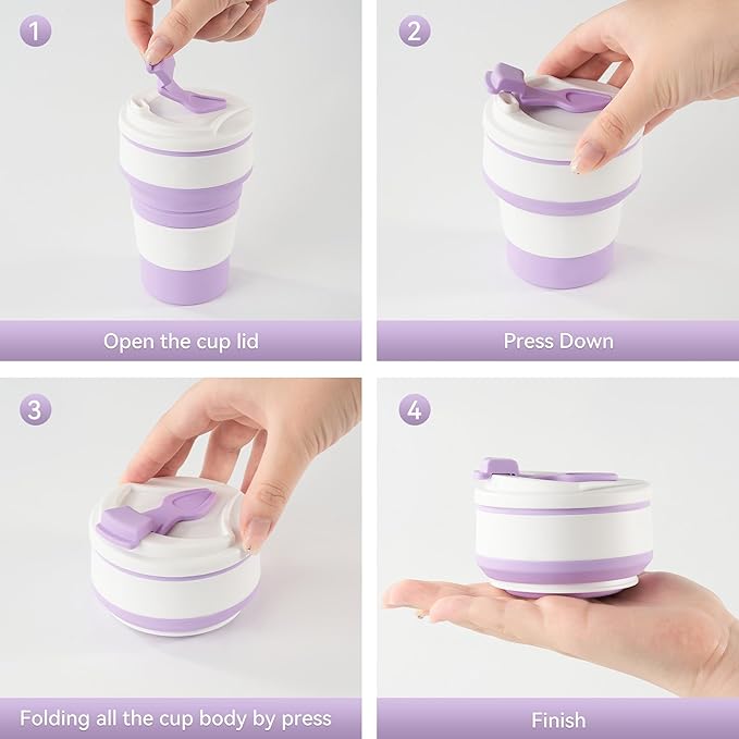 2Pcs Collapsible Cup for Traveling, Collapsible Silicone Travel Cup for Hot and 2 Drinks, Leak Proof Silicone Folding Travel Coffee Mug for Camping & Hiking, BPA Free 12oz Purple