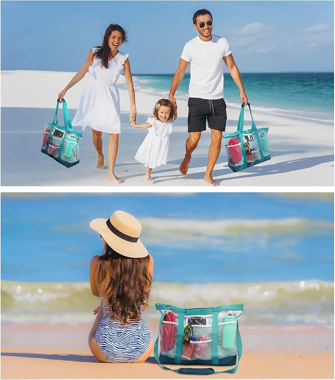 Vulken 42L Extra Large Mesh Beach Bag. 9 Pockets Top Zip Tote Bag Shoulder Bag