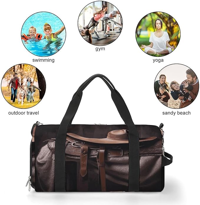 Oxford Cloth Horse Saddle with A Cowboy Hat Wild Gym Bag,Duffle Bag with Shoes Compartment And Adjustable Shoulder Straps，Weekender Bags for Men Women.