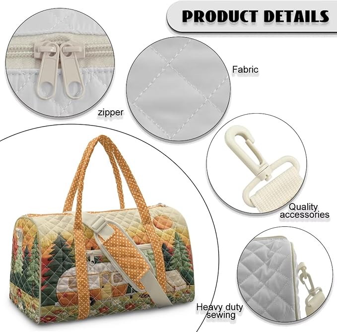 COEQINE Quilted Duffle Bag For Women Travel Quilted Tote Bag Large Car Orange Camper Vans Forest Print Overnight Luggage Bag with Trolley Sleeve