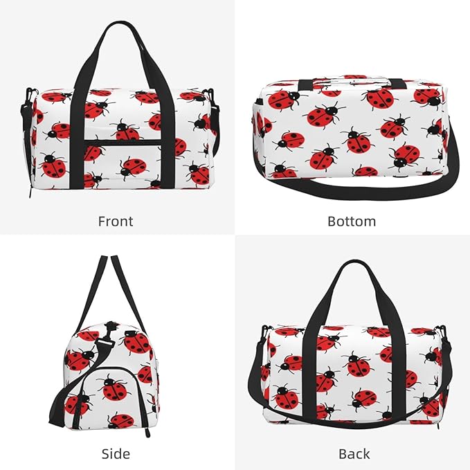 Sports Gym Bag Red Black Ladybugs Pattern Travel Duffel Bag With Shoe Compartment Shoulder Strap, Lightweight Water-Resistant Weekend Overnight Totes For Women Men