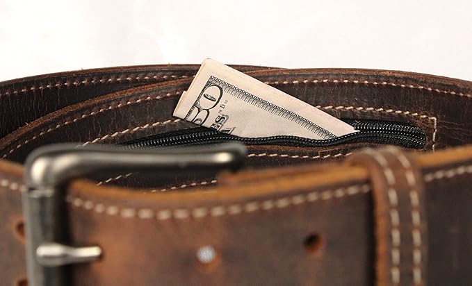 Money Belt, 1-3/4" Double Prong, Zipper Pocket, Travel Security, Full Leather, Made in USA