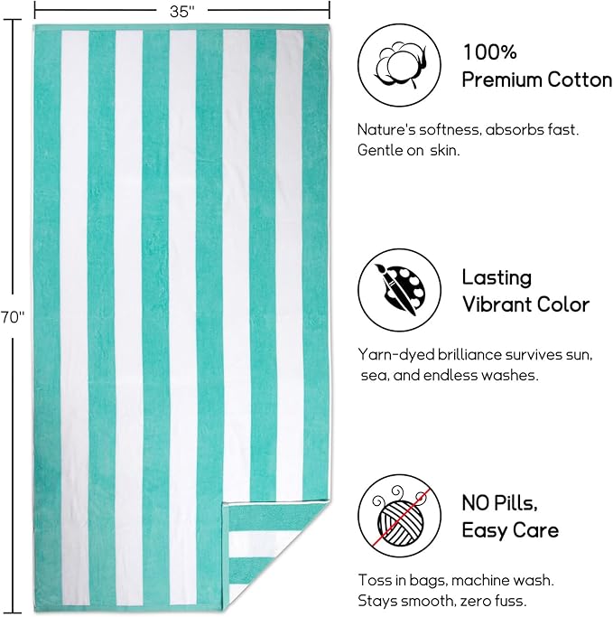 cabanana Large Oversized Beach Towel - 35 x 70 Inch Cotton Pool Towel, Turquoise Striped Soft Cabana Swim Towel