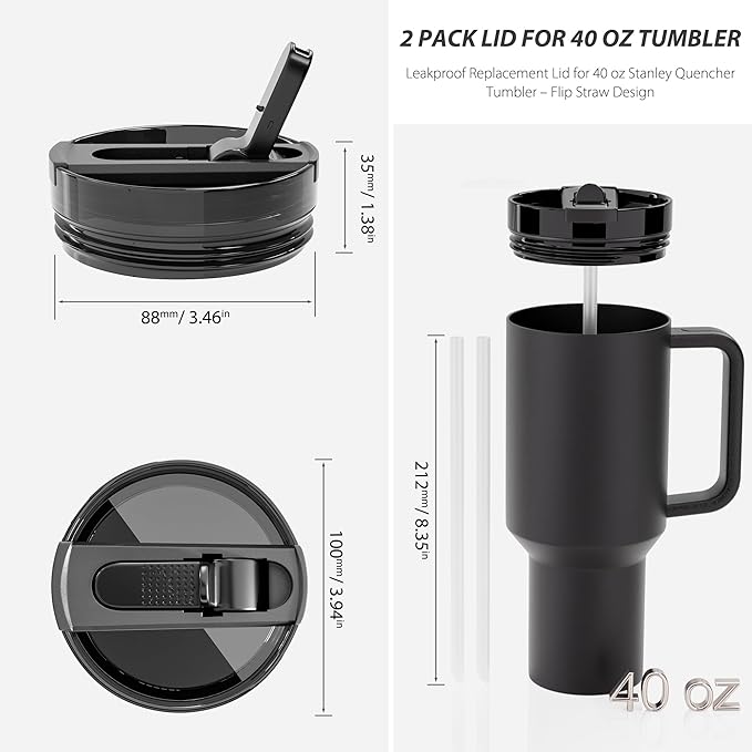 2 Pack Flip Straw Lid for Stanley 40 oz Quencher H2.0 & ProTour, Flip Straw Tumbler Lid for Stanley Cup, Leakproof, No Spill & Easy to Use Reusable Tumbler Cover (Black)