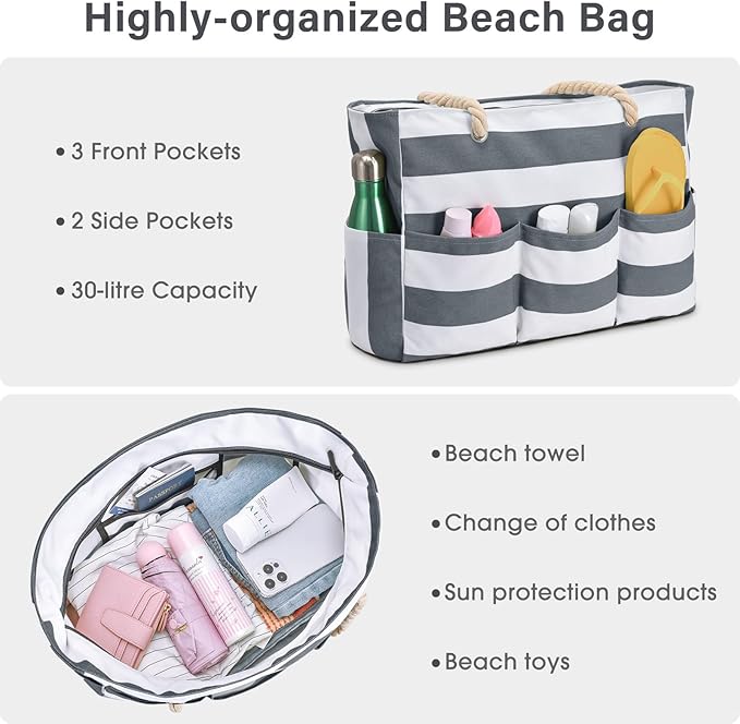 Becokan Beach Bags for Women Canvas Large Beach Tote Bag Zipper Waterproof Sandproof Foldable Swim Pool Bag with 7 Pockets
