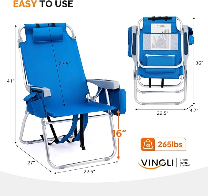 VINGLI Tall Beach Chair 1 Pack Lightweight, Backpack Beach Chair for Adults with 5-Position, Cooler Bag, Cup Holders, Towel Bar, Lightweight Folding Beach Camping Chairs Blue