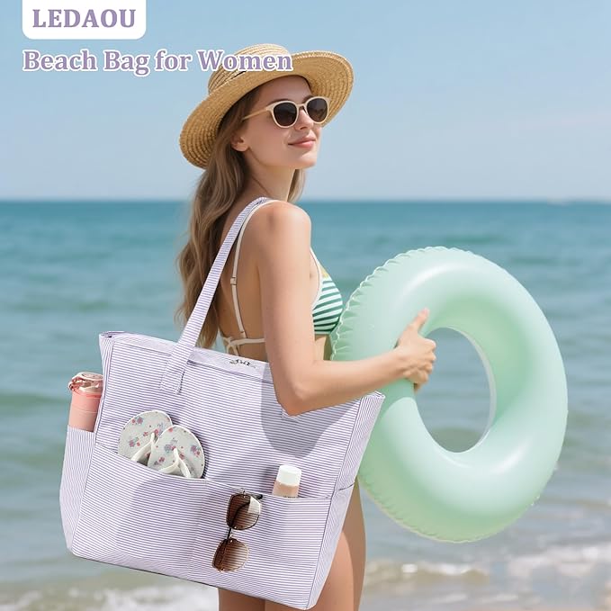 LEDAOU Large Beach Bag Women Waterproof Sandproof Zipper Beach Tote Pool Bag for Swim Gym Grocery Travel with Wet Pocket | Waterproof, Sandproof, Zipper, Pool, Gym, Grocery