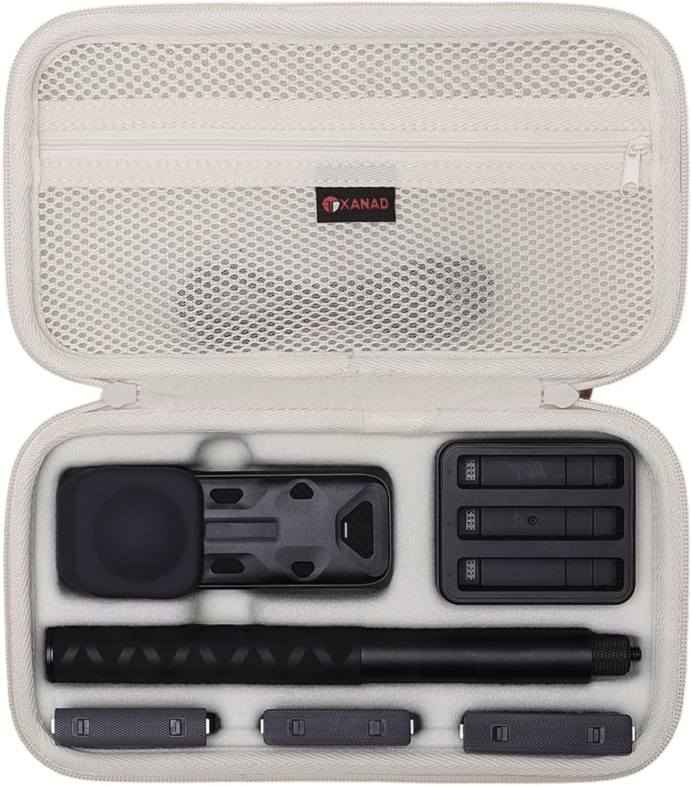 XANAD Hard Case for Insta360 X5/X4/X3/X2 Waterproof 8K 360 Action Camera,114CM Selfie Stick- Stroage Carrying Bag(Cream)