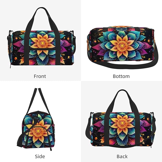 Sports Gym Bag Colorful Boho Mandala Flower Art Painting Travel Duffel Bag With Shoe Compartment Shoulder Strap, Lightweight Water-Resistant Weekend Overnight Totes For Women Men