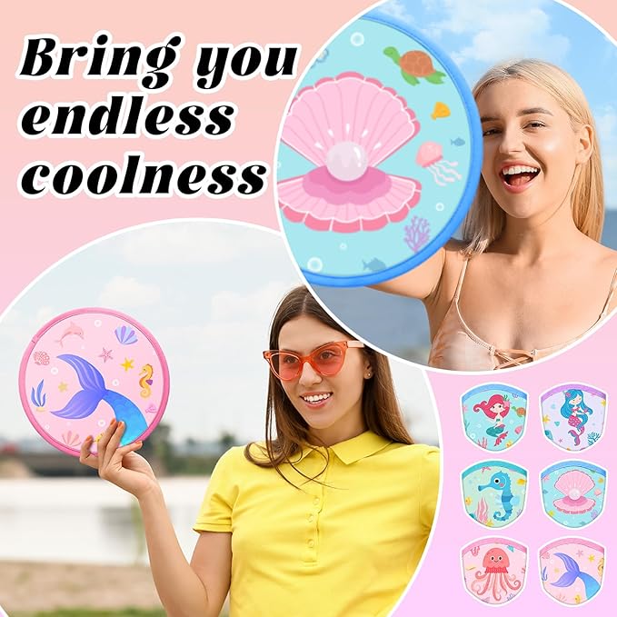 Amyhill 30 Pcs Mermaid Theme Party Favors Foldable Flying Disc Fans with Bags Summer Beach Pool Birthday Party Favors 9.8'' DIY Cooling Fan Colorful Goody Stuffers End of The Year Gifts from Teacher