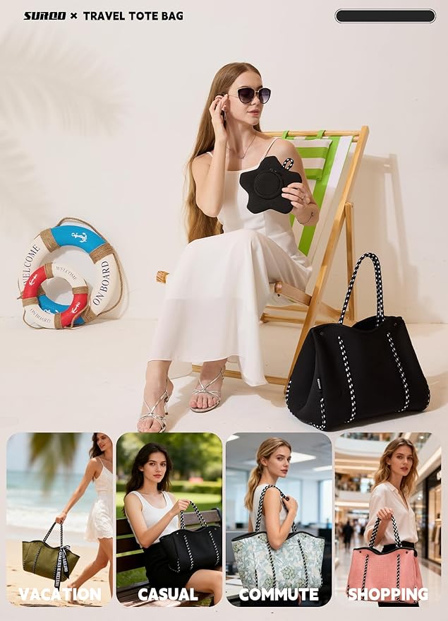 Neoprene Tote Bag for Women, Large Travel Beach Bag with Detachable Pouch, Stylish Lightweight Everyday Carryall