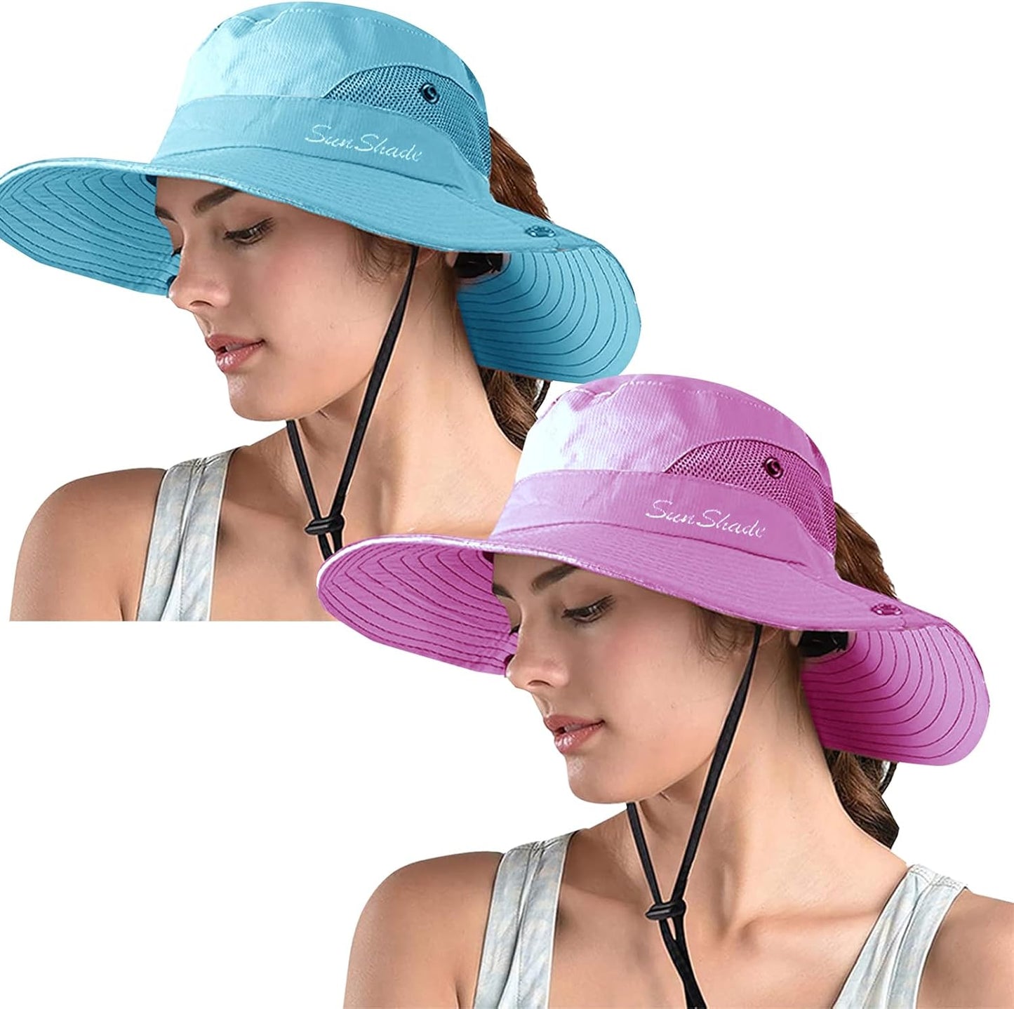 ZOORON Women's Ponytail Safari Sun Hat,Wide Brim UV Protection Outdoor Bucket Hat,Foldable Beach Summer Fishing Hat