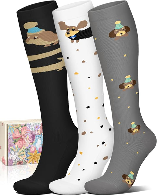 Cotton Compression Socks for Women&Men Knee High Cute Support Sock for Nurses, Pregnancy, Flying