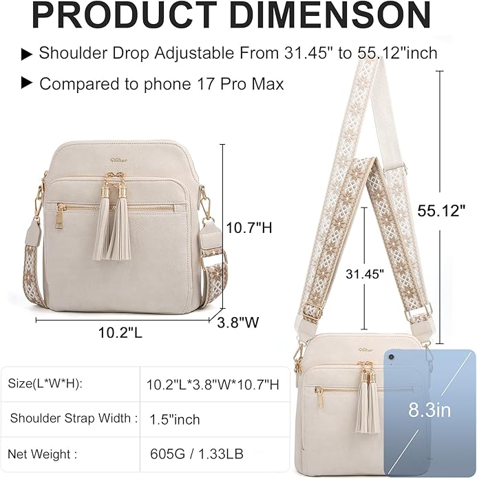 Women's Leather Crossbody Bags Anti Theft Purses RFID Blocking Handbags Trendy Travel Adjustable Strap Tassel