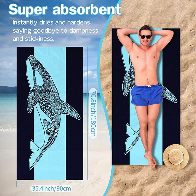 Whale Pattern Beach Towel - 35x70 Inch Fast Dry Microfiber Towel, Lightweight & Versatile for Beach, Pool, Yoga, Travel, Ideal as Beach Blanket & Vacation Essential