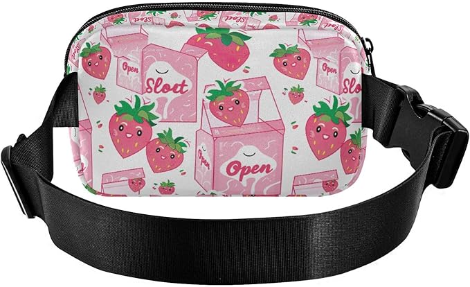 Kawaii Pink Strawberry Milk Fanny Pack for Women Men Water Resistant Fashion Waist Packs with Adjustable Strap Belt Bag for Travel Workout Jogging Hiking 21219125