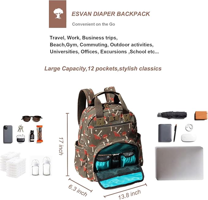 Diaper Bag Backpack, Large Capacity Multifunction Baby Essentials Fashion Travel Pack Linen Canvas office Laptop Bag (Corduroy Mushroom)