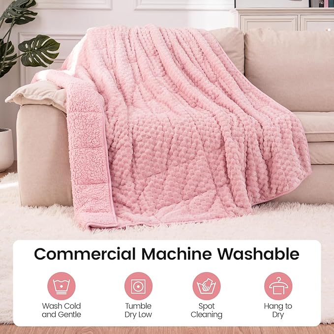 Super Fuzzy Soft Fleece Sherpa Weighted Blanket 15 lbs for Adults, 3D Imitation Turtle Shell Luxury Weighted Throw for Better Sleep, Dual Sided Cozy Heavy Blankets for Couch Bed, Pink, 60" x 80"
